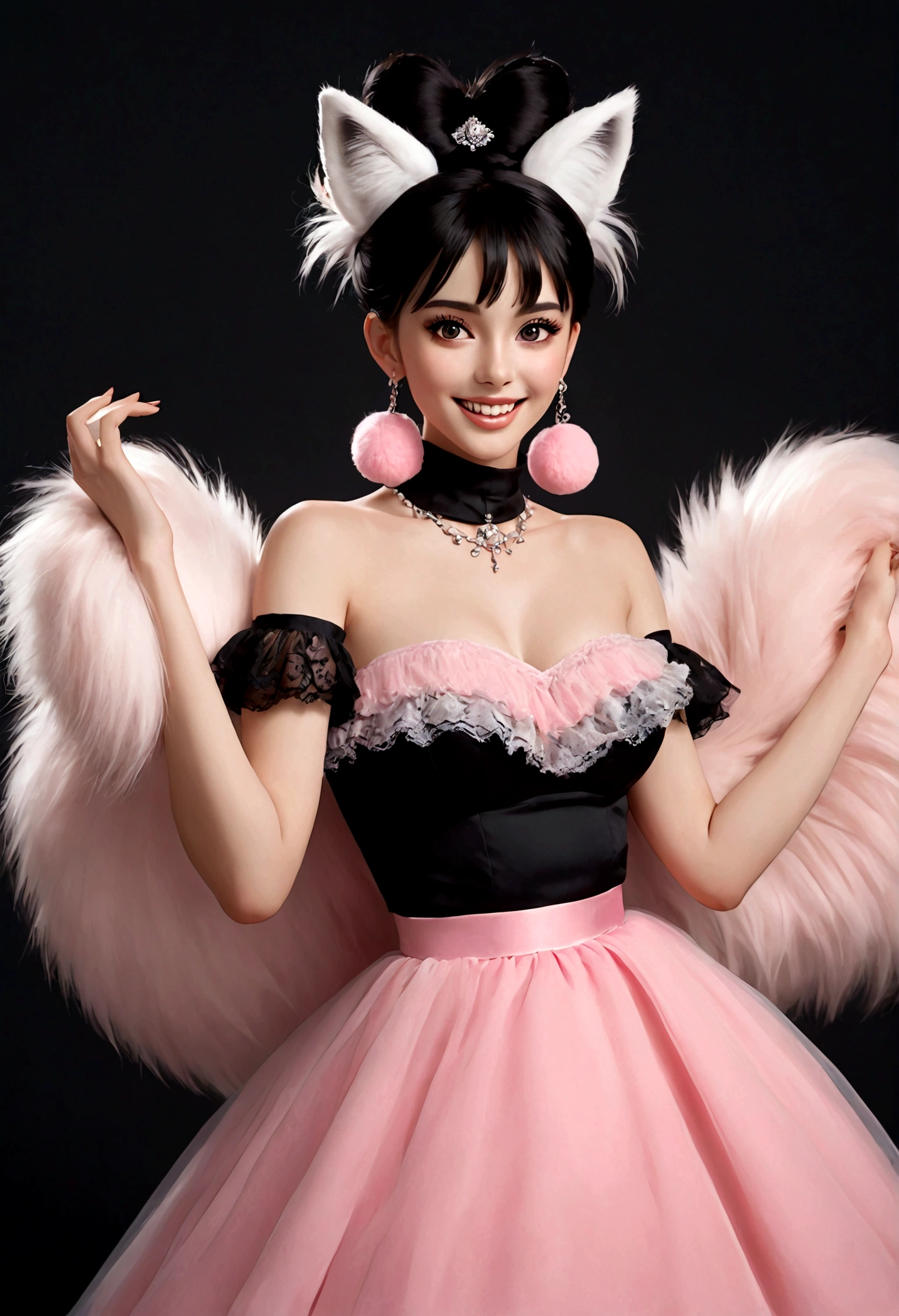 beautiful woman,detailed eyes,gorgeous makeup,pink eyeshadow,wide open smile,sharp fangs,large fluffy tail,voluminous black high bun,wispy bangs,pink fluffy pom pom earrings,high collar pink maid dress,bare shoulders,midriff exposed,multilayered lace frills,hand gestures,magic spell,(best quality,4k,8k,highres,masterpiece:1.2),ultra-detailed,(realistic,photorealistic,photo-realistic:1.37),vibrant colors,dramatic lighting，Fluffy fox tail