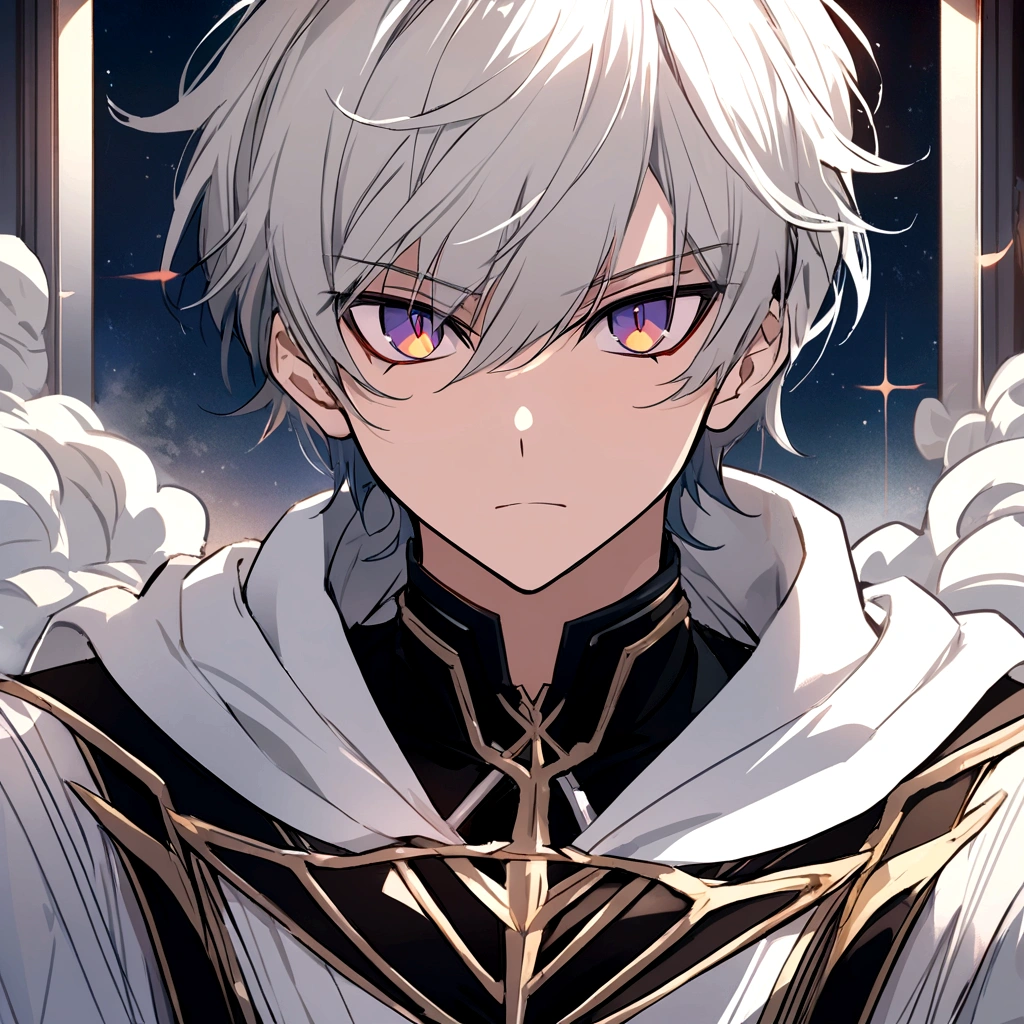 High quality, HD, 4k, handsome male, 1male, , teenager, go lining, short white hair, sharp eyes, dark purple eyes, deep purple eyes, devil may cry, close up, calm expression, stoic expression, black leather clothes, white leather clothing, lean body, upper body, looking at viewer, cowboy shot, white solar, space background