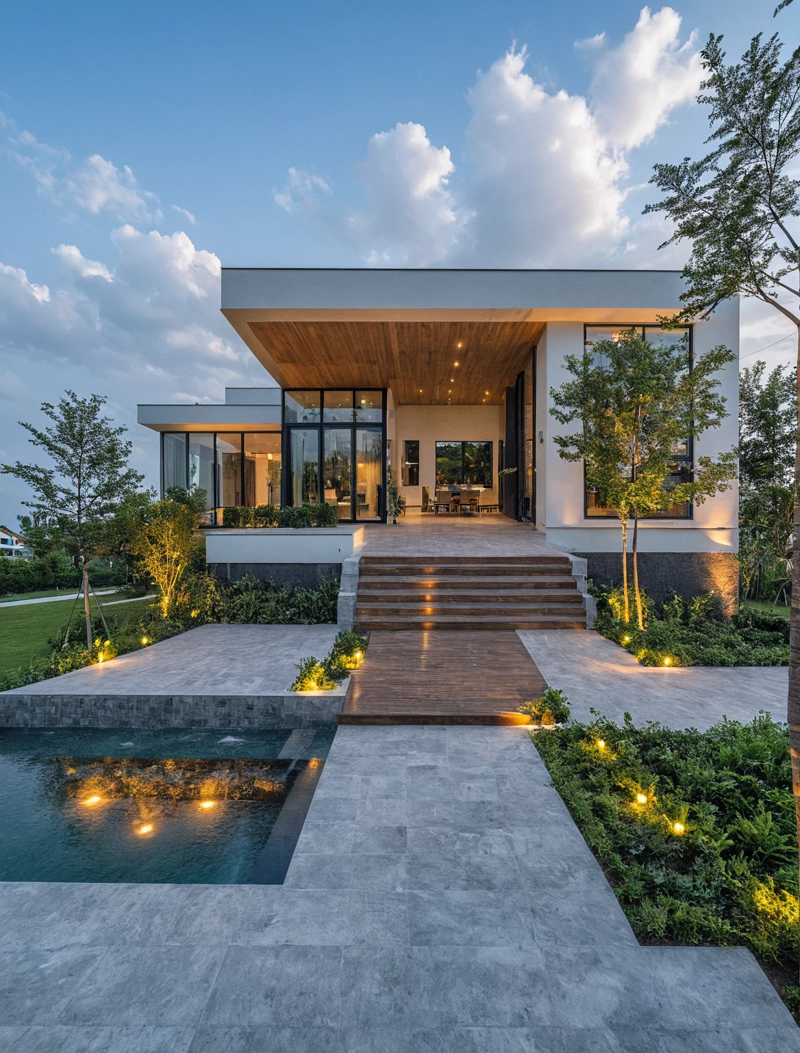 Masterpiece, high quality, best quality, authentic, super detail, outdoors, onestoreyvillaXL, aiaigroup, house style modern with pool , white wall ,pool,wood decking, pavement, grass, trees, dusk sky, cloud, (daylight:1.1)