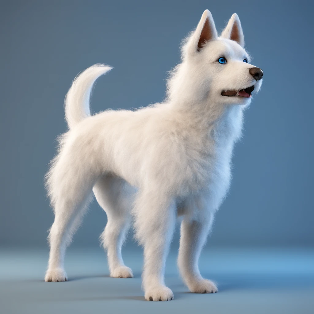 A medium-sized white dog with blue eyes