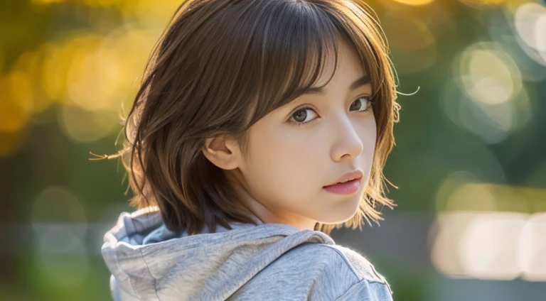 (8k, RAW Photos, highest quality, masterpiece:1.2), (Realistic, photo-Realistic:1.4), (Highly detailed 8k wallpaper), Perfect female body, Famous Japanese Idols, 20-year-old girl, Japanese Model, Medium Short Hair, Messy Hair, Light brown hair, hoodie,No underwear,Her whole body is facing me,I'm a little happy,sexy,
