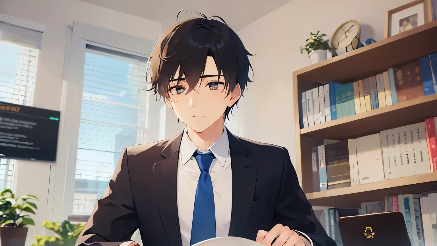 (looking away:1.5),Opening a document、upper body、masterpiece、highest quality、BREAK (25-year-old male:1.5) and (brown short hair) and (Green Eyes) BREAK (suit:1.5) and (Blue tie)、Sitting、Serious expression, The background is inside office room、alone、Upper body is shown