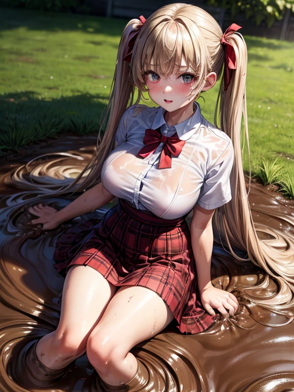 (masterpiece, best quality:1.2), , looking at viewer , school girl wet white clothes, soaked, dripping wet, wet hair, wet skin, translucent, glistening with oil, fully clothed, wet muddy field, dripping with mud, muddy arms, muddy hair, lying in mud, submerged, covered all over, muddy face , skirt dark red , plaid skirt , pleated skirt , Tight shirt , white Shirt , school girl , red knot , red bow , school , skirt is adjacent to the chest , twin tails hair , big breasts , big tits