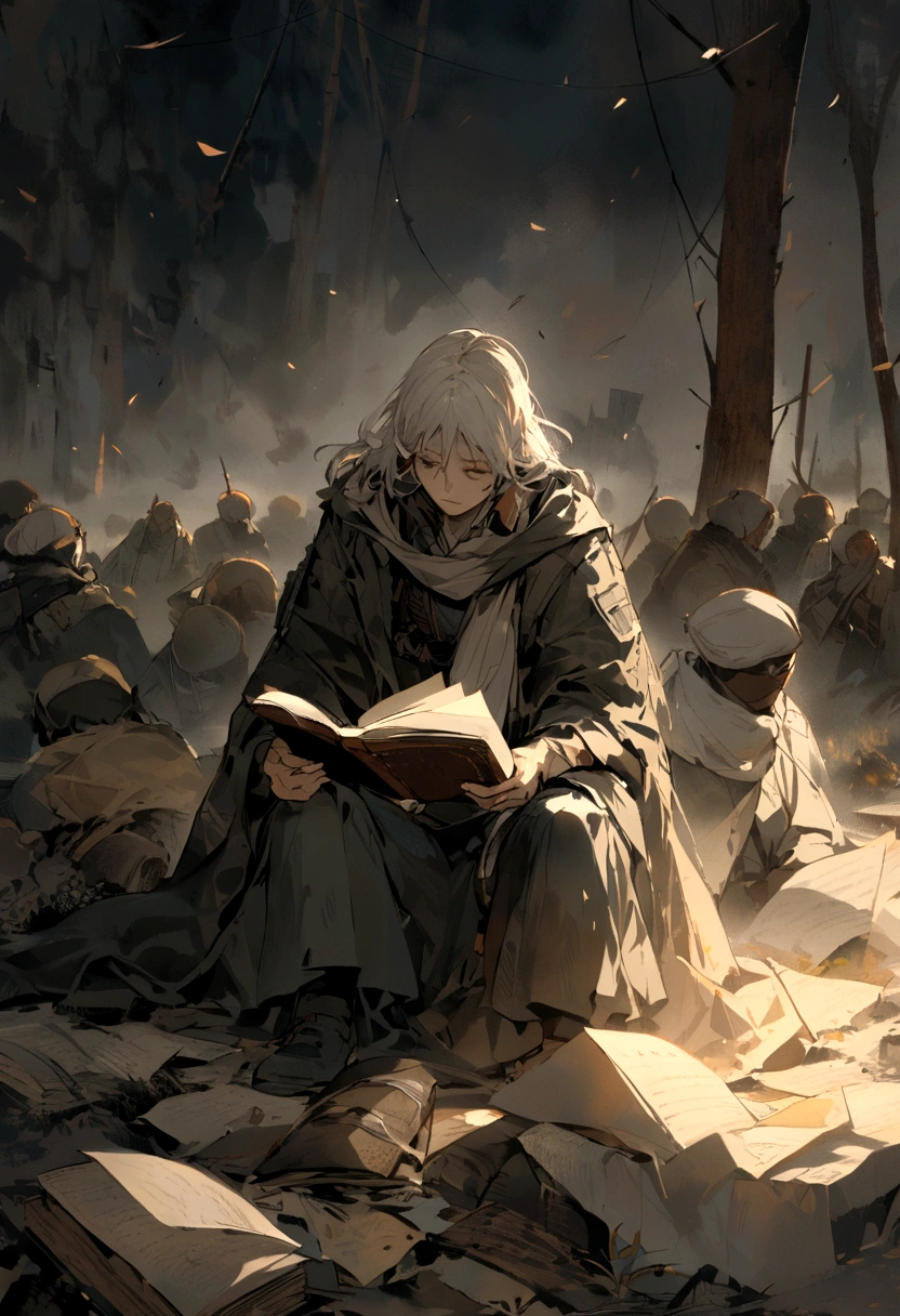 "A picture captures a person reading a book amidst the chaos of a battlefield. Surrounded by the sounds of conflict and the harsh reality of war, their calm focus on the book creates a striking contrast. This powerful image highlights the resilience of the human spirit and the profound ability of reading to provide solace, escape, and wisdom even in the most tumultuous of times."