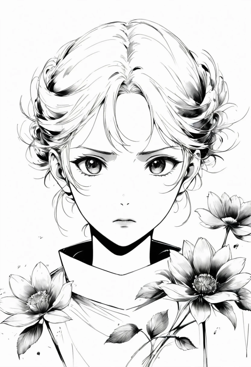 (Anime line drawing:1.5)，(black and white:1.45)，Minimalism，(Line Art:1.6)，sketch，charcoal drawing，Disgusted Look，flower