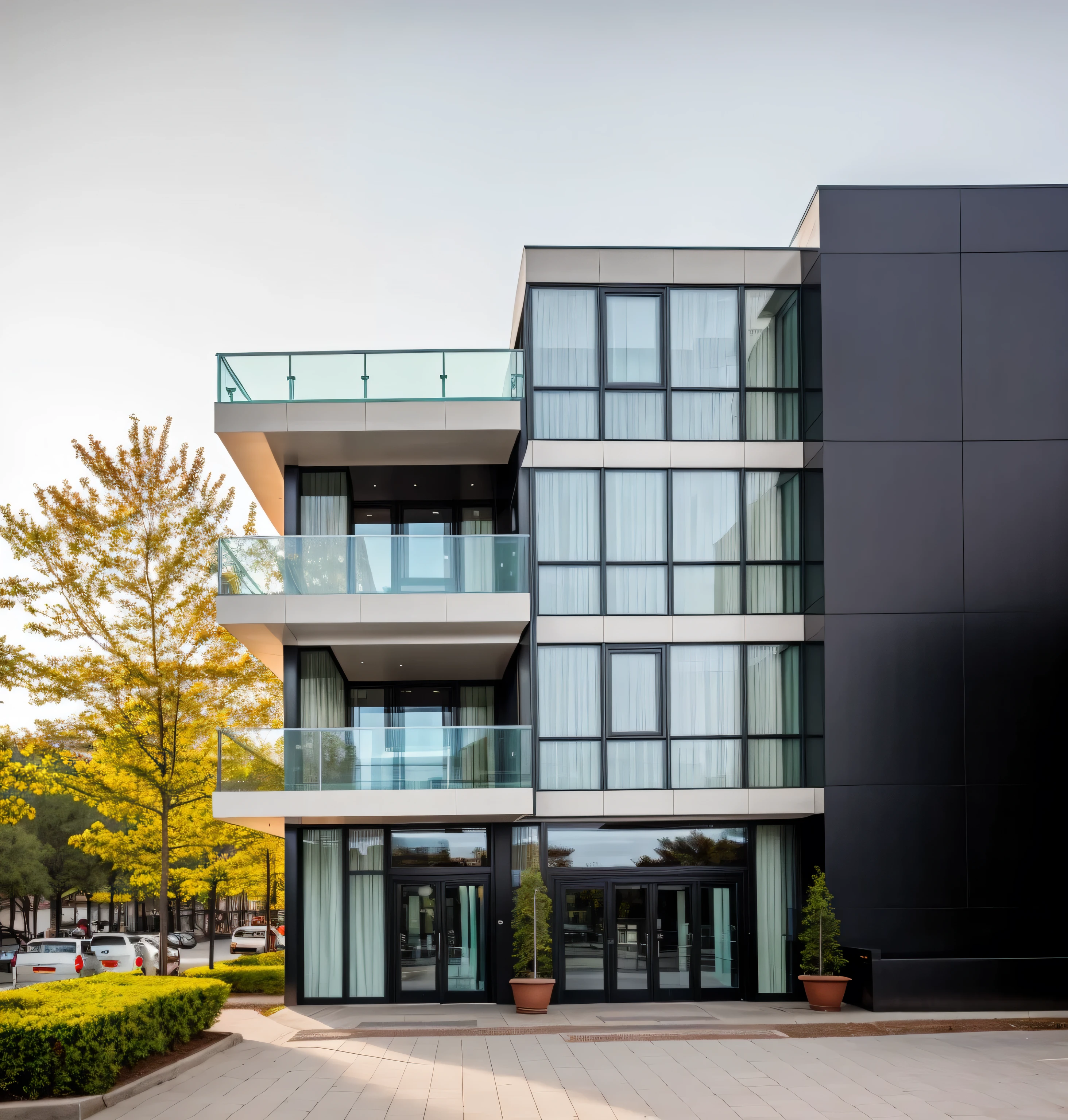 exterior of highrise hotel building, contemporary style, inspired of Norman Forster, glass with steel frame facade, 5 stars hotel design, beautiful landscape, stone pavement,cars, RAW photo, 8k uhd, dslr, soft lighting, high quality, film grain, Fujifilm XT3,masterpiece,
