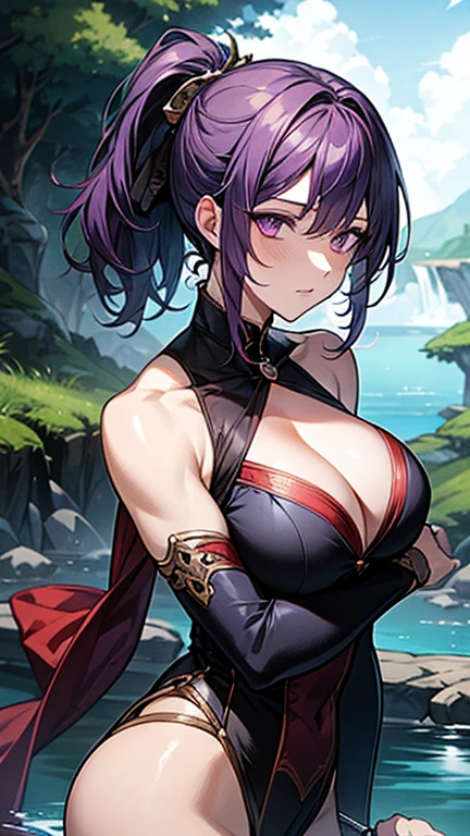 Woman holding sword in right hand near water cliff, 1girl in, arma, muscular, Sword, Solo, muscularwoman, Holding, , holding weapon, katanas, Black hair, holding swords, Looking back, Looking at Viewer,Shion, Single Kikaku, Purple hair, Big Breast,age, Pur, Ponytail