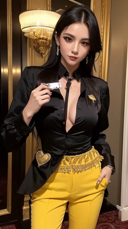Casino Dealer Woman,He is wearing a long-sleeved black shirt,Wearing a yellow corset and tight yellow trousers,Holding a playing card between his fingers,Wearing a black tie,Wearing a feather hair ornament