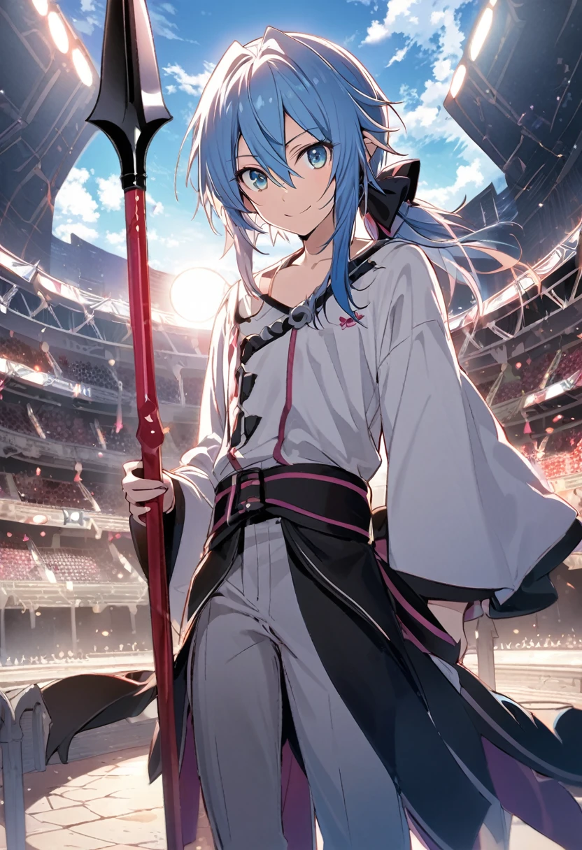 Krul Tepes \(AKB0048 Next Stage\), (waist length hair), (blue hair), (silver eyes):1.2, (spearman), (plain t-shirt), (pants), (robe), (smiling sharply), ((ultra-detailed)), ((illustration)), ((neat hair)), ((low ponytail)), (beautiful detailed eyes), (male), (1man), (standing), (holding a spear), ((arena, sun, sky)), looking at viewer