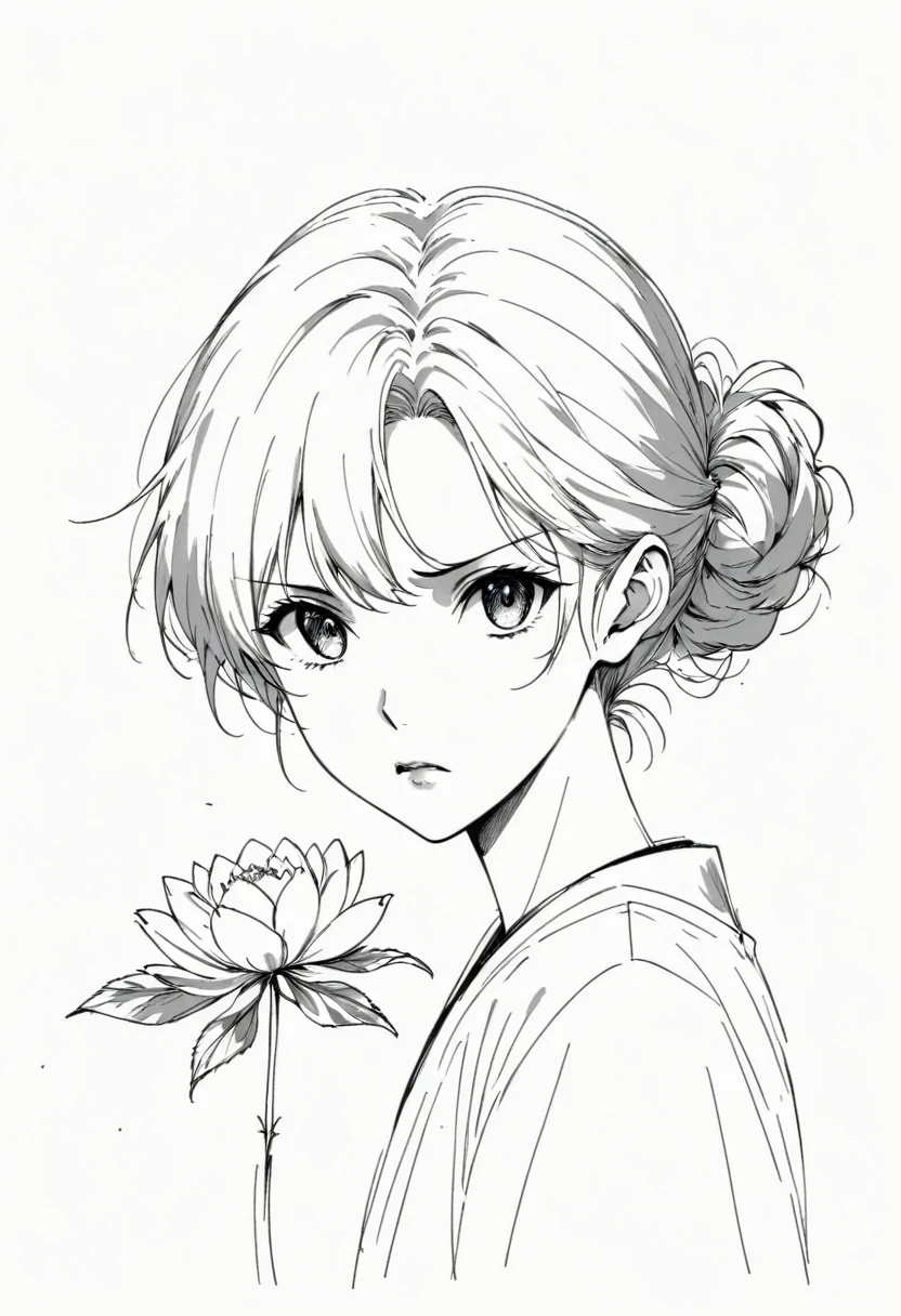 (Anime line drawing:1.5),(black and white:1.45),Minimalism,(Line Art:1.6),sketch,charcoal drawing,Disgusted Look,flower