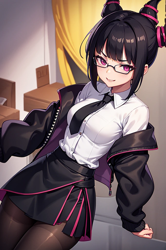 juri han, work of art,  secretary shirt with black tie, black high waist skirt, short skirt, short hair, black hair, black tights evil smile,oculos

