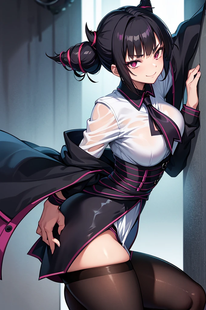 juri han, work of art, tight white secretary shirt with black tie, black high waist skirt, short skirt, short hair, black hair, black tights evil smile,oculos