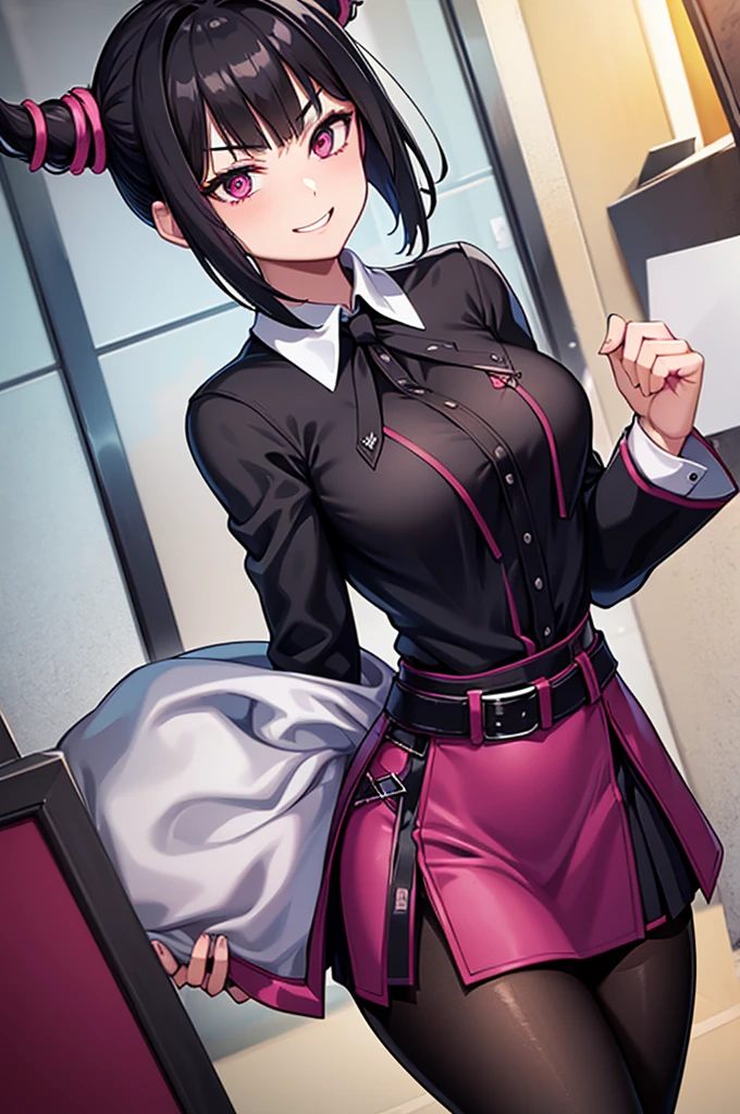 juri han, work of art, tight white secretary shirt with black tie, black high waist skirt, short skirt, short hair, black hair, black tights evil smile,oculos
