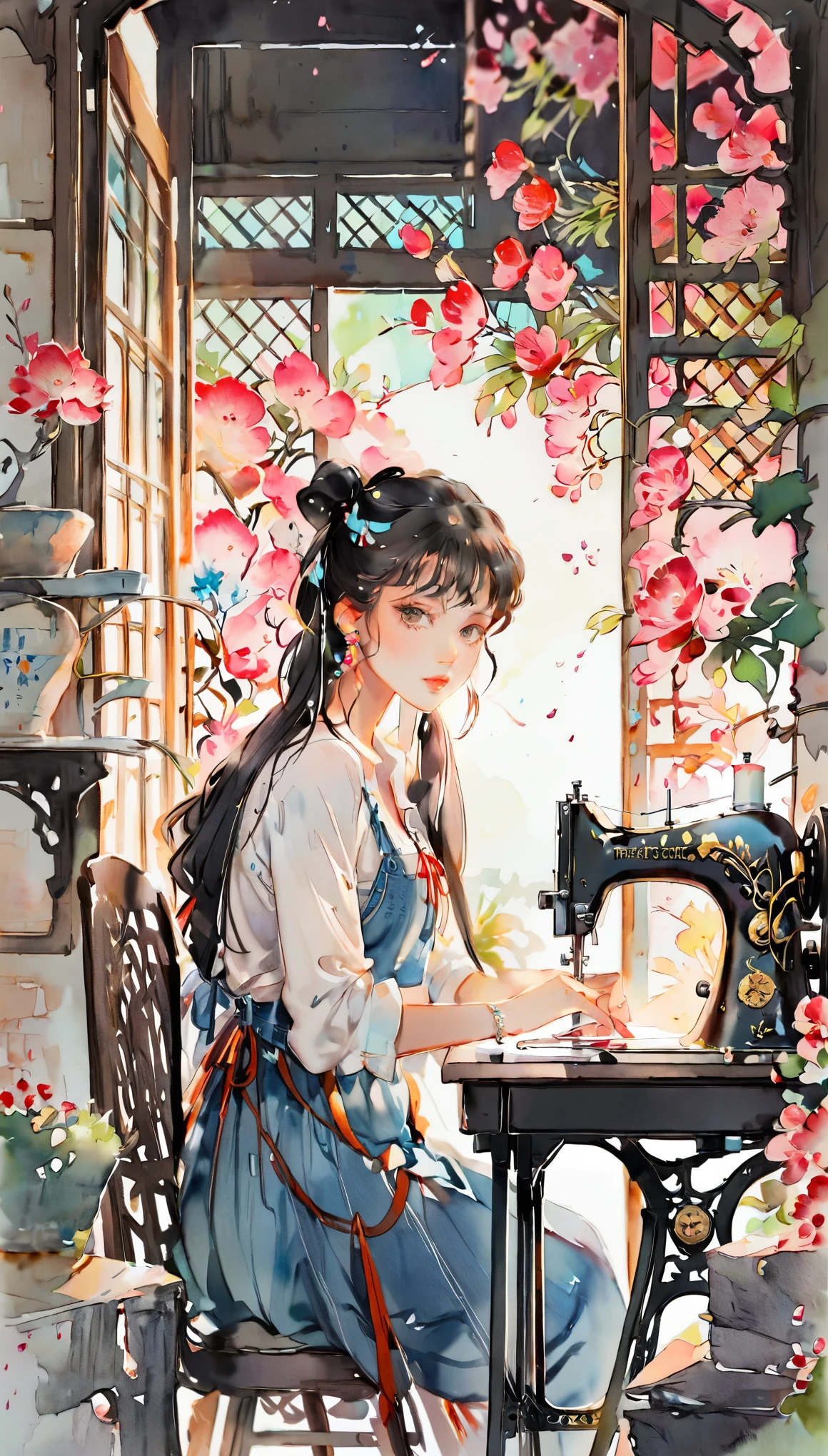 (((paper cutting style))), 1 girl, black long hair, pony tails, portfolio, sewing machine, denim, shirts