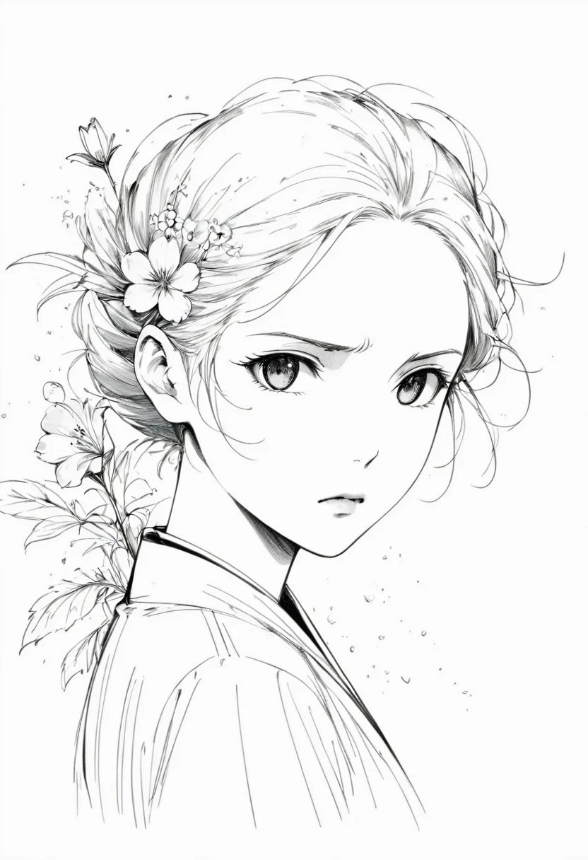 (Anime line drawing:1.5),(black and white:1.45),Minimalism,(Line Art:1.6),sketch,charcoal drawing,Disgusted Look,flower