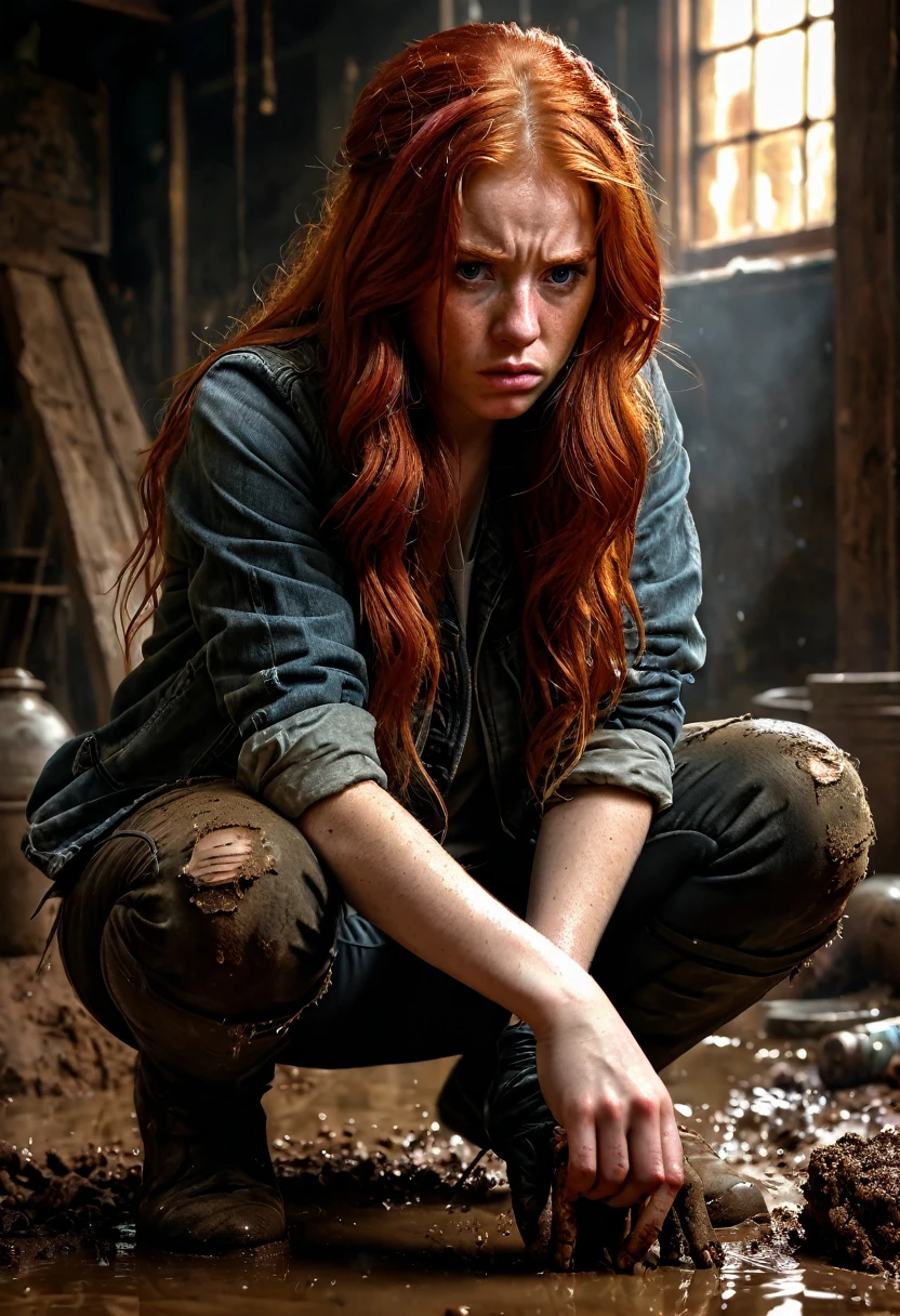 (Sublime redhead squatting with a deeply disgusted look), (regarde ses mains sales en sang), disgusted look, disgusting object , very detailed intense look, detailed long hair, detailed object, highly detailed dirty hands, ((proportions parfaites, masterpiece, hyperRéaliste, masterpiece, superior quality, high resolution, Extremely detailed, highly detailed 8K wallpaper)), envie de vomir 