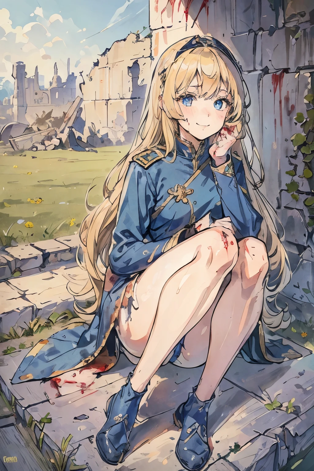 1girl, Full body, Description Girls, detail hands, Detail fingers, Detail Face, cute face, detail legs, overdetailed art, Fine details, blonde hair, wavy hair, long hair, blue eyes, smile, ((old battlefield ruins)), blue military uniform, sit on rubble, ((bloody body))