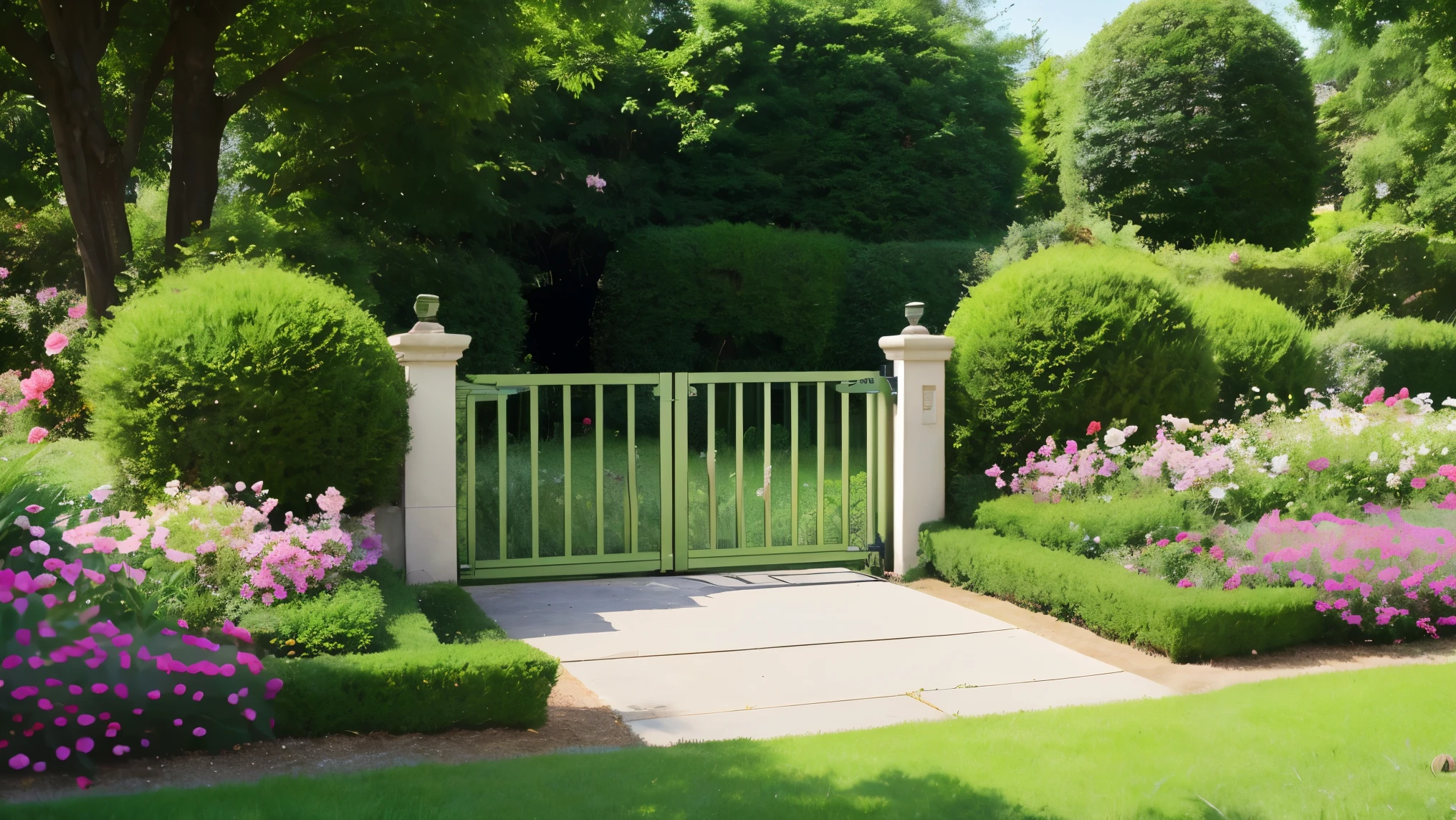 there is a green grass with a gate and flowers in the middle, 背景のLush庭園, with a lush grass grass, lush grass, Garden scenery, Beautiful garden on background, Garden environment, Lush庭園, Idyllic backyard atmosphere, Parks and Gardens, garden with flowers, Lush, Beautiful English Garden, Garden Background, grass, vibrant greenery outside, Beautiful garden  