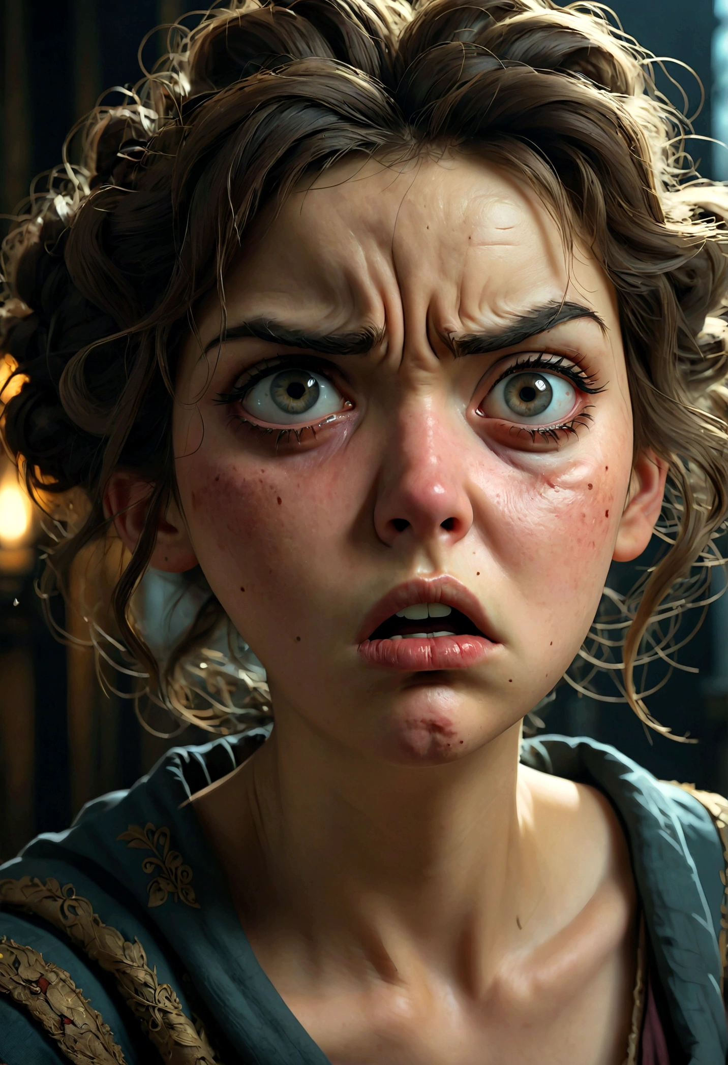 1girl, Disgusted Look, a disgusted woman with a scrunched up face, detailed eyes and lips, long eyelashes, expressive facial features, studio lighting, high quality, cinematic, hyperdetailed, dramatic lighting, cool color tones, gloomy atmosphere, horror, dark fantasy, masterpiece, best quality, very aesthetic, absurdres