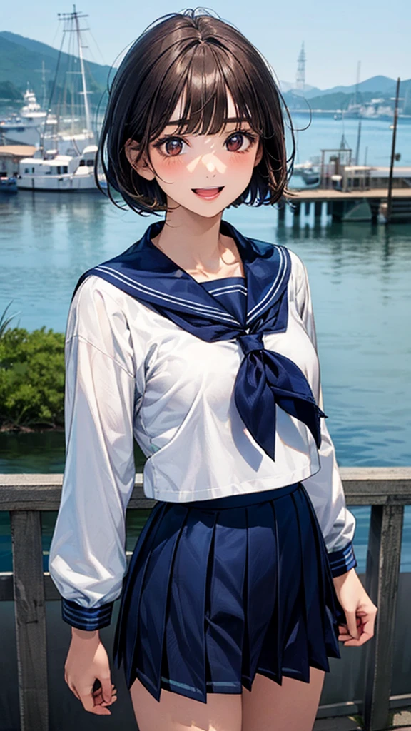 (masterpiece:1.2, top-quality), (realistic, photorealistic:1.4), beautiful illustration, (natural side lighting, movie lighting),
looking at viewer, cowboy shot, front view:0.6, 1 girl, japanese, junior high school girl, , perfect face, cute and symmetrical face, shiny skin,
(short hair, bob cut, blond hair), blunt bangs, dark brown eyes, long eye lasher, (large breasts:0.5),
beautiful hair, beautiful face, beautiful detailed eyes, beautiful clavicle, beautiful body, beautiful chest, beautiful thigh, beautiful legs, beautiful fingers,
((detailed cloth texture, long sleeves navy cute sailor suit, navy pleated skirt, navy sailor collar, green sailor scarf)),
(beautiful scenery), evening, riverside, standing, (cute, lovely smile, upper eyes, open mouth),
