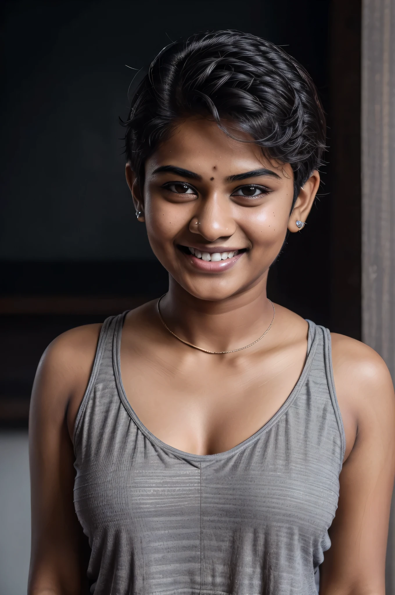 A cute Indian  girl, grey ripped tank top, detailed cute face, small dimple, small , cute cleavage, short hair, under cut pixie hair, smiling, (best quality,4k,8k,highres,masterpiece:1.2),ultra-detailed,(realistic,photorealistic,photo-realistic:1.37),high quality portrait,natural lighting,warm color tones