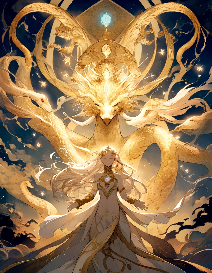 「Draw an illustration of the Golden Dragon God。Long as a snake、Upwards、Thang Long、Clear sky、spiritual、Spirit、Chakra、Spiritual world、Fantasy」