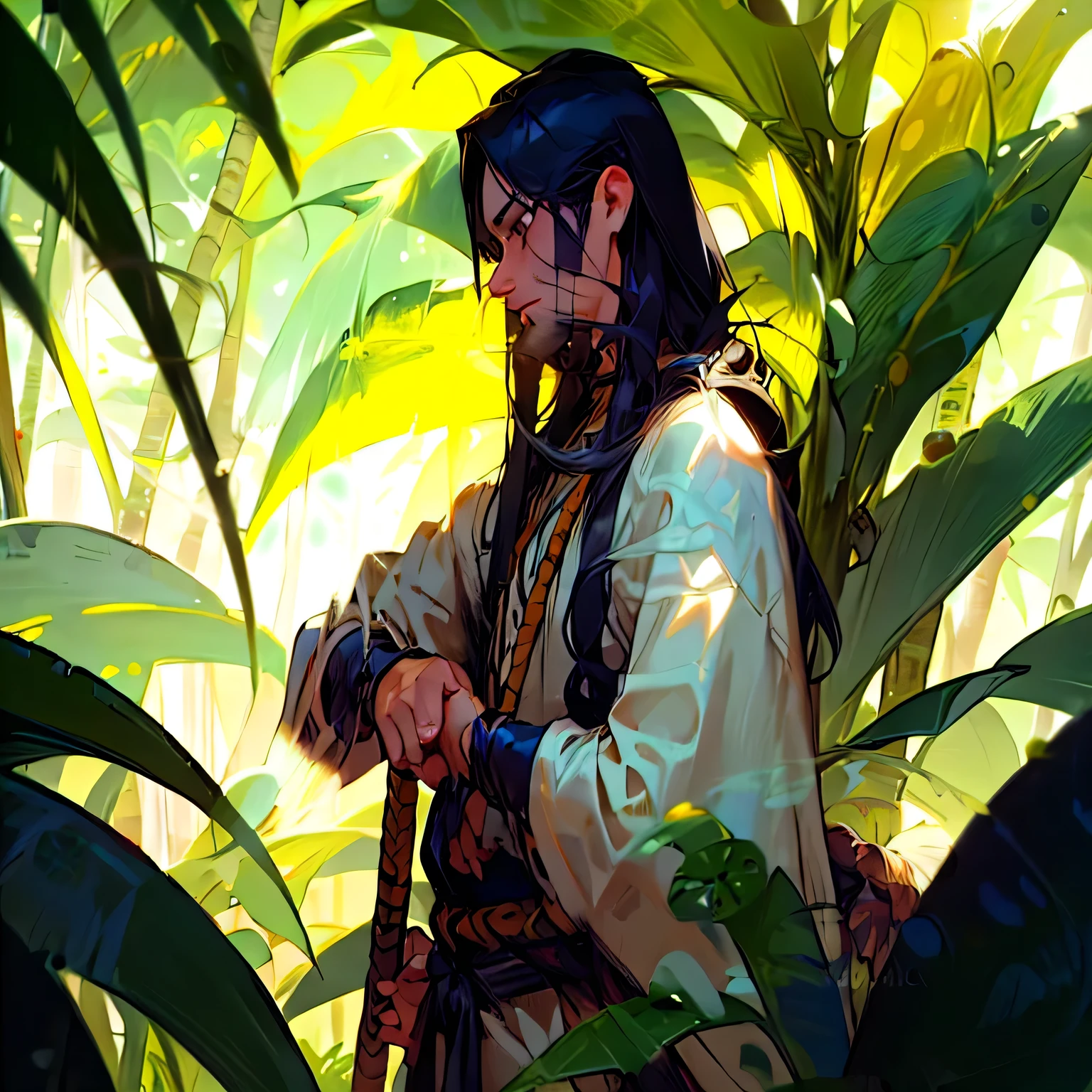 ((Best quality)), ((samouraï hippie)), (detailed), (Realistic), guerrier masculin, muscular physique, tenue tribale, peinture de visage, brandissant une lance, (jungle:1.3), feuillage dense, plantes exotiques, lumière du soleil tachetée, (hyperRealistic:1.2), oil painting'huile, (Frank Frazetta:1.1), Influence DeviantArt, pose d'action dynamique, (portrait:1.1), 8k resolution