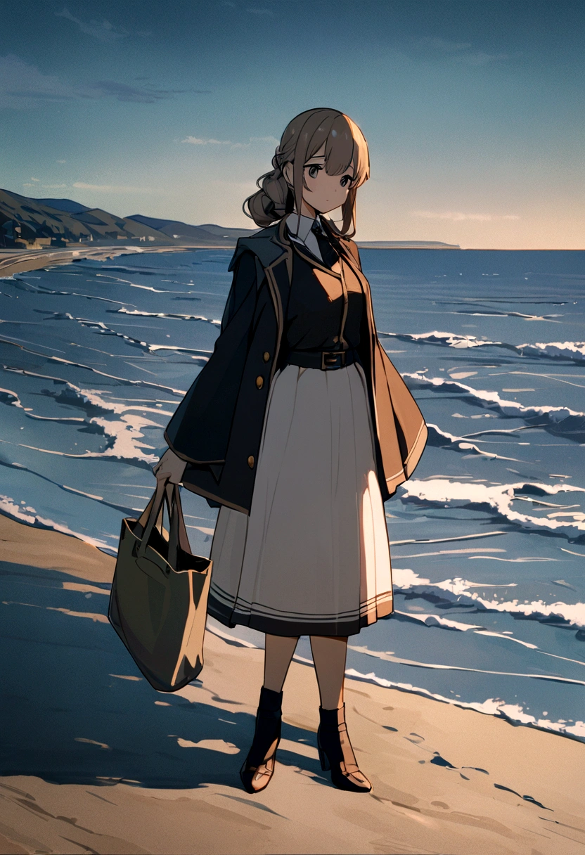 evening、A girl in a uniform with a bag on her shoulder、A sad figure standing alone, looking at the seaside、 A middle-aged man on a coastal road is looking at a girl Real 8k