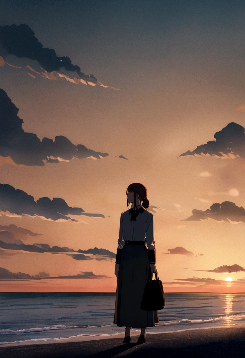 evening、A girl in a uniform with a bag on her shoulder、A sad figure standing alone, looking at the seaside、　A middle-aged man on a coastal road is looking at a girl　Real　8k