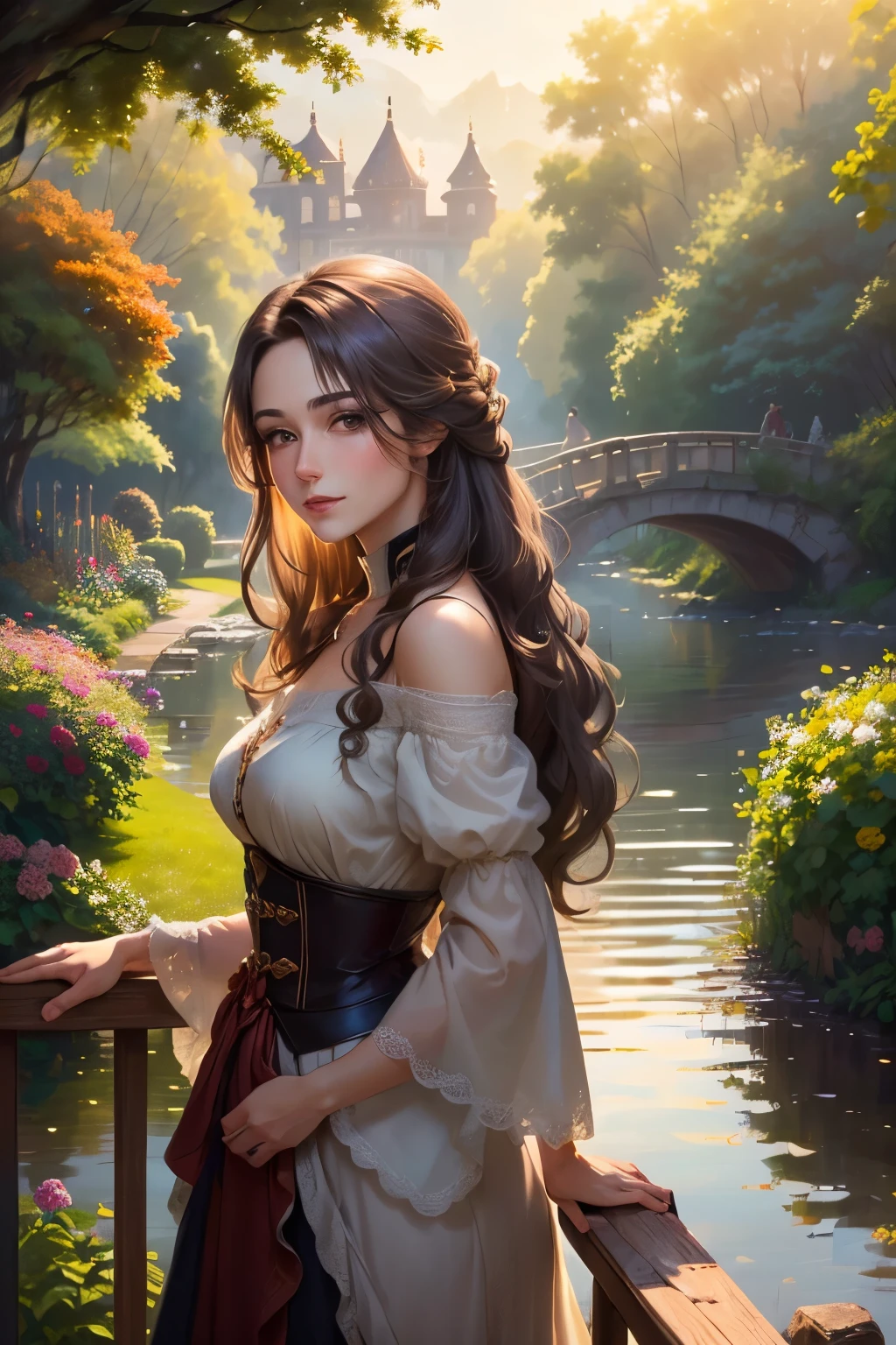 A woman in a dress standing on a bridge near a river - SeaArt AI
