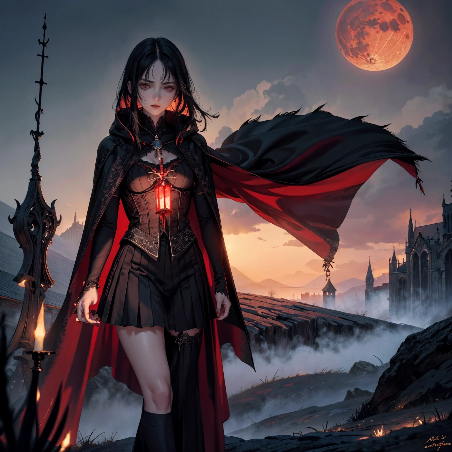 best quality, 4k, high resolution, masterpiece:1.2, Very detailed, actual:1.37, Mood lighting, Girl in a cloak, Wearing a gothic skirt that shows a little skin above the chest, Dangerous sneer, Black Hair, Standing, Crucified, Pitch black sky, Blood-red moon, strange atmosphere, Gothic style, Unforgettable beauty, Dramatic shadows, Ethereal Light, Mysterious atmosphere.