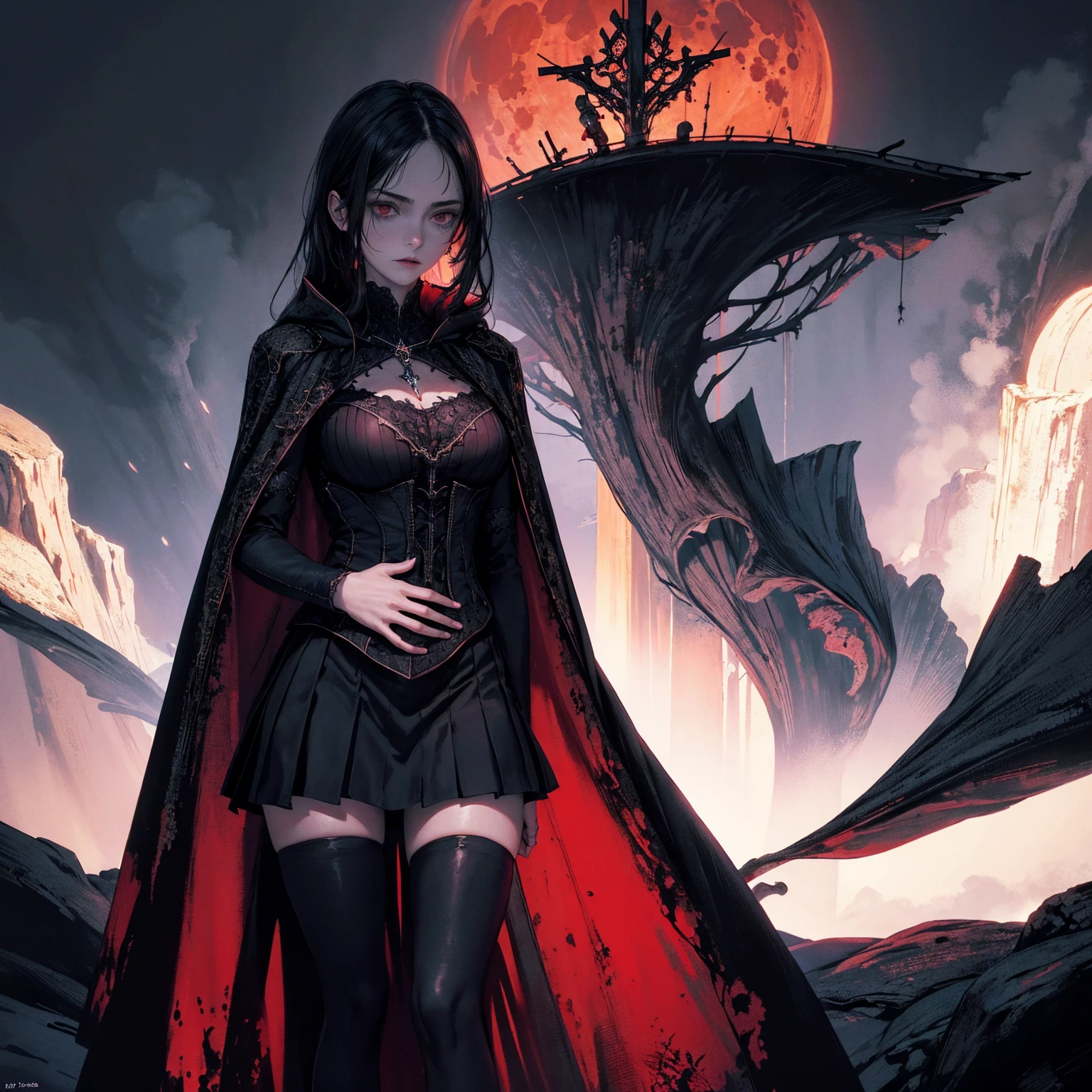 best quality, 4k, high resolution, masterpiece:1.2, Very detailed, actual:1.37, Mood lighting, Girl in a cloak, Wearing a gothic skirt that shows a little skin above the chest, Dangerous sneer, Black Hair, Standing, Crucified, Pitch black sky, Blood-red moon, strange atmosphere, Gothic style, Unforgettable beauty, Dramatic shadows, Ethereal Light, Mysterious atmosphere.