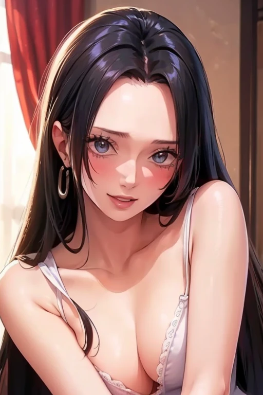 (((masterpiece))), (((best quality))), ((ultra-detailed)), (highly detailed CG illustration), Boa Hancock, , (masterpiece:1.5), Detailed Photo, Smiling, Sexy, (Best Quality: 1.4), (1girl), Beautiful Face, (Black Hair, long Hair: 1.3), Beautiful Hairstyle,  beautiful detail eyes, (realistic skin), beautiful skin, absurd, attractive, ultra high resolution, high definition, (sexually aroused:1.5), Pinkish white skin, cool white light, sexy pose, Beautiful , white background, pink soft white light, Wear a white dress, (bright face:1.5), (beautiful face:1.5), (nsfw:1.3)