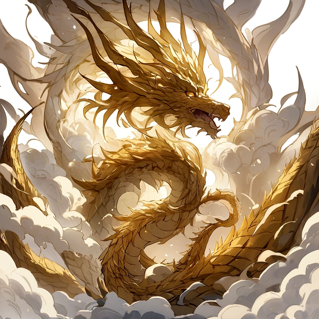logo、masterpiece、(White background:1)、Golden Chinese dragon surrounded by white clouds、god々々Hello、Wind、god々、Long undulating body、tooth、Upper body、Fantasy、god話、high quality、Very detailed、masterpiece、narrative poem、Particle Effects、Dynamic Effects