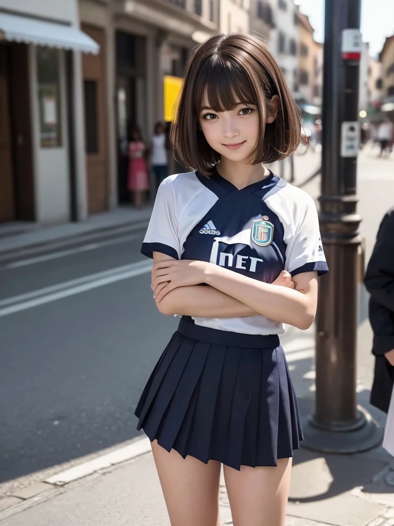 (8k, RAW Photos, highest quality, masterpiece:1.2), (Realistic, photo-Realistic:1.4), (Highly detailed 8k wallpaper), ((Full Body Shot)), (1 girl), Sharp focus, Depth of written boundary, Cinematic lighting, Soft Light, 緻密な美しさのeye, eye_Chan, Very beautiful 17 year old girl, innocent big eyes, Realistic, photo Realistic, Highly detailed cute girl, (Thin thighs), (Model Body Type), 18-year-old, (((Inter soccer jersey))), ((Micro Mini Pleated Skirt)), (((Fold your arms in front of your chest and act arrogantly))), ((A happy smile)), Parted lips, Watching the audience, (On the streets of Italy) , (Brown Hair),（Short Bob Hair), (Asymmetrical bangs)