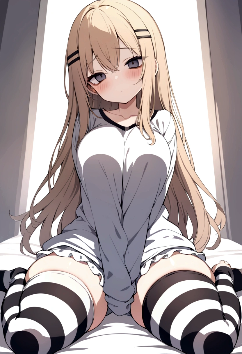 masterpiece, best quality, ultra-detail, 1girl, solo, ali, hair ornament, prison clothes, bloomers, striped thighhighs, (bags under eyes:1.1), oversized clothes, (sleeves past wrists:1.1), (sitting:1.2), (wariza:1.2), (straight-on:1.1), (from below:1.1), (on bed:1.1), head tilt, arms between legs, wide hips, thick thighs, blush,