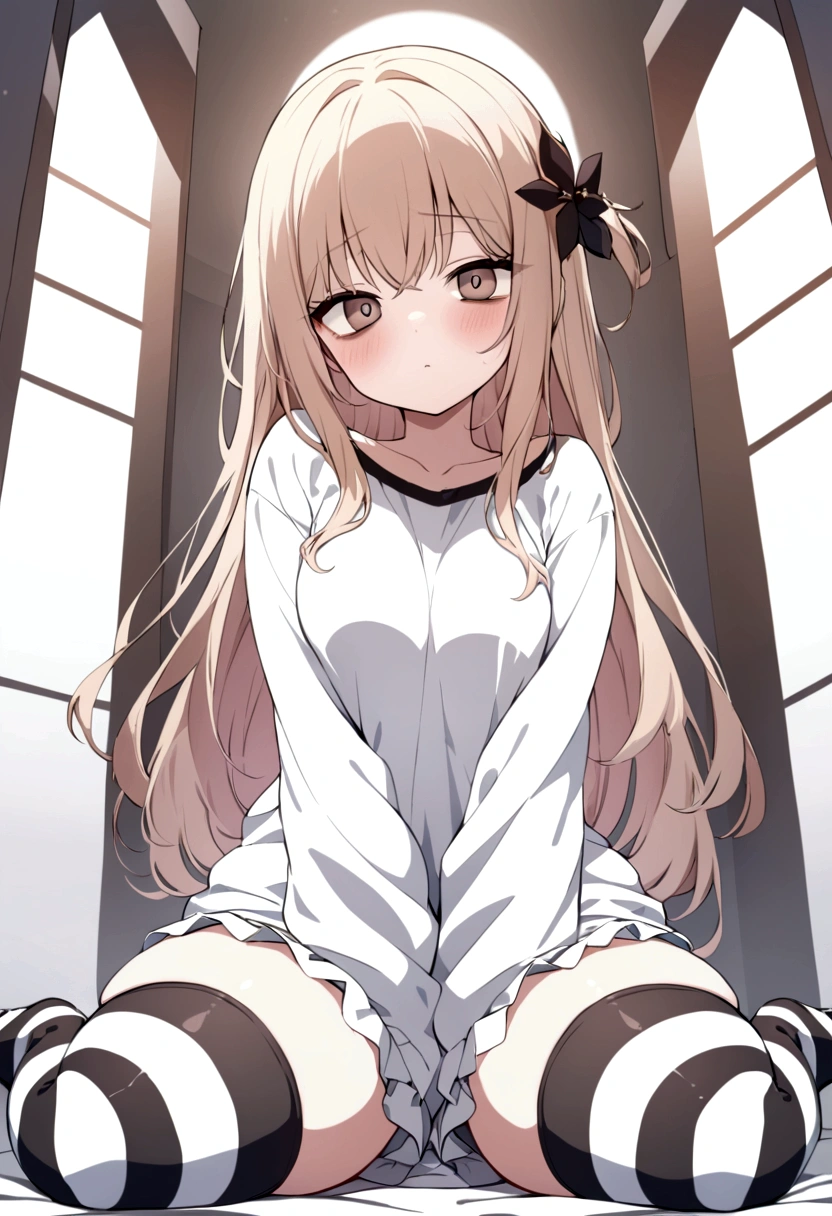 masterpiece, best quality, ultra-detail, 1girl, solo, ali, hair ornament, prison clothes, bloomers, striped thighhighs, (bags under eyes:1.1), oversized clothes, (sleeves past wrists:1.1), (sitting:1.2), (wariza:1.2), (straight-on:1.1), (from below:1.1), (on bed:1.1), head tilt, arms between legs, wide hips, thick thighs, blush,