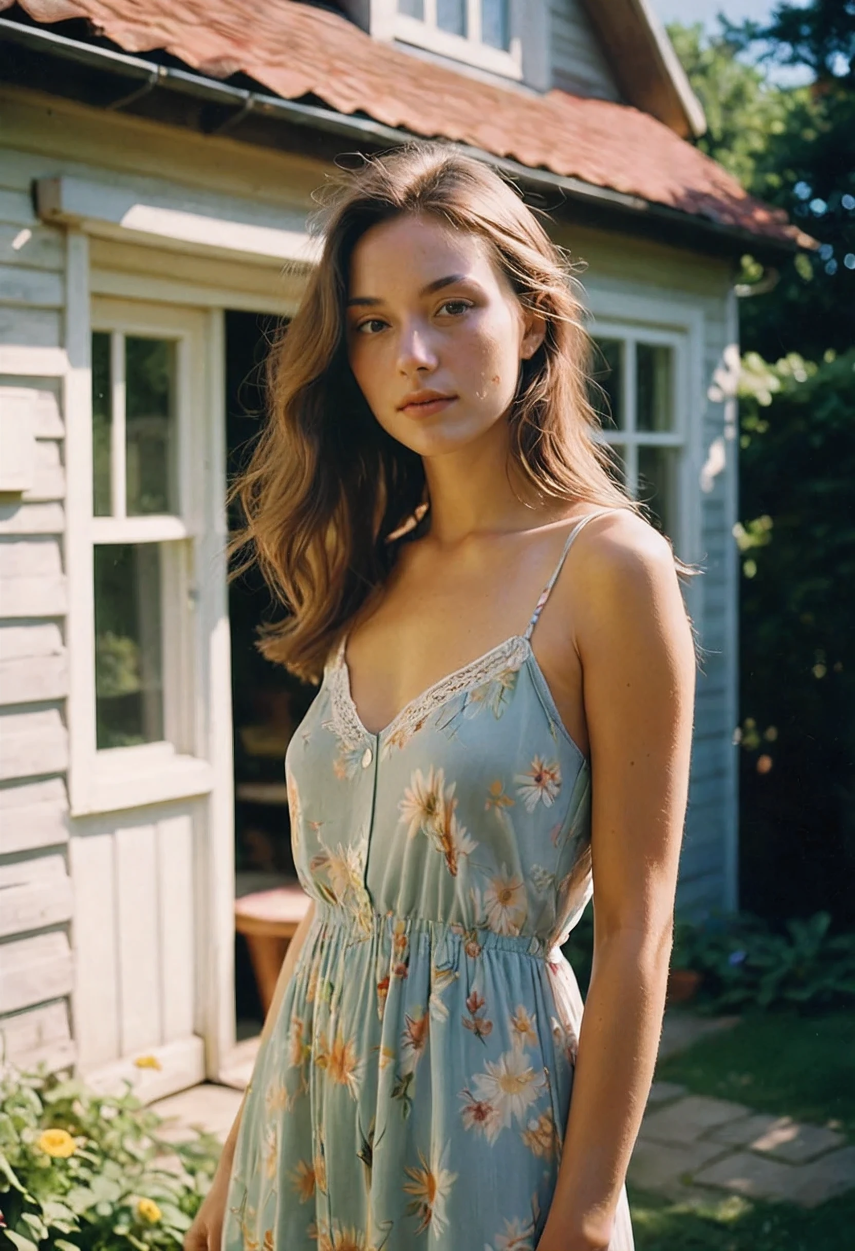 natural light, analog film photo, Kodachrome , Magmix, A beautiful woman with light delicately filtering through her hair, her summer dress is beautiful and she's standing in front of a cottage