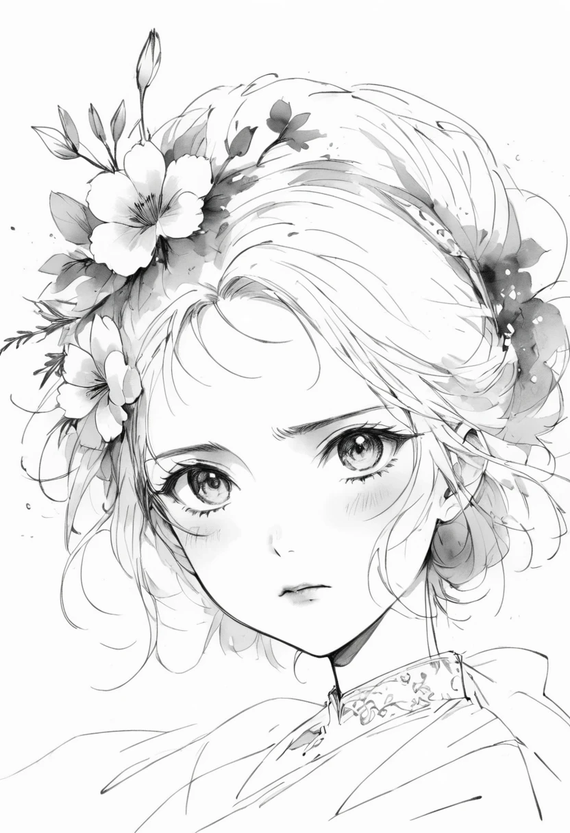 (Anime line drawing:1.5)，(black and white:1.45)，Minimalism，(Line Art:1.6)，sketch，charcoal drawing，Disgusted Look，flower