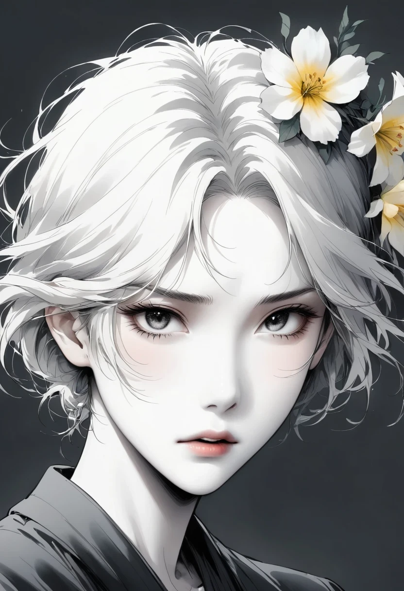 (Anime line drawing:1.5),(black and white:1.45),Minimalism,(Line Art:1.6),sketch,charcoal drawing,Disgusted Look,flower
