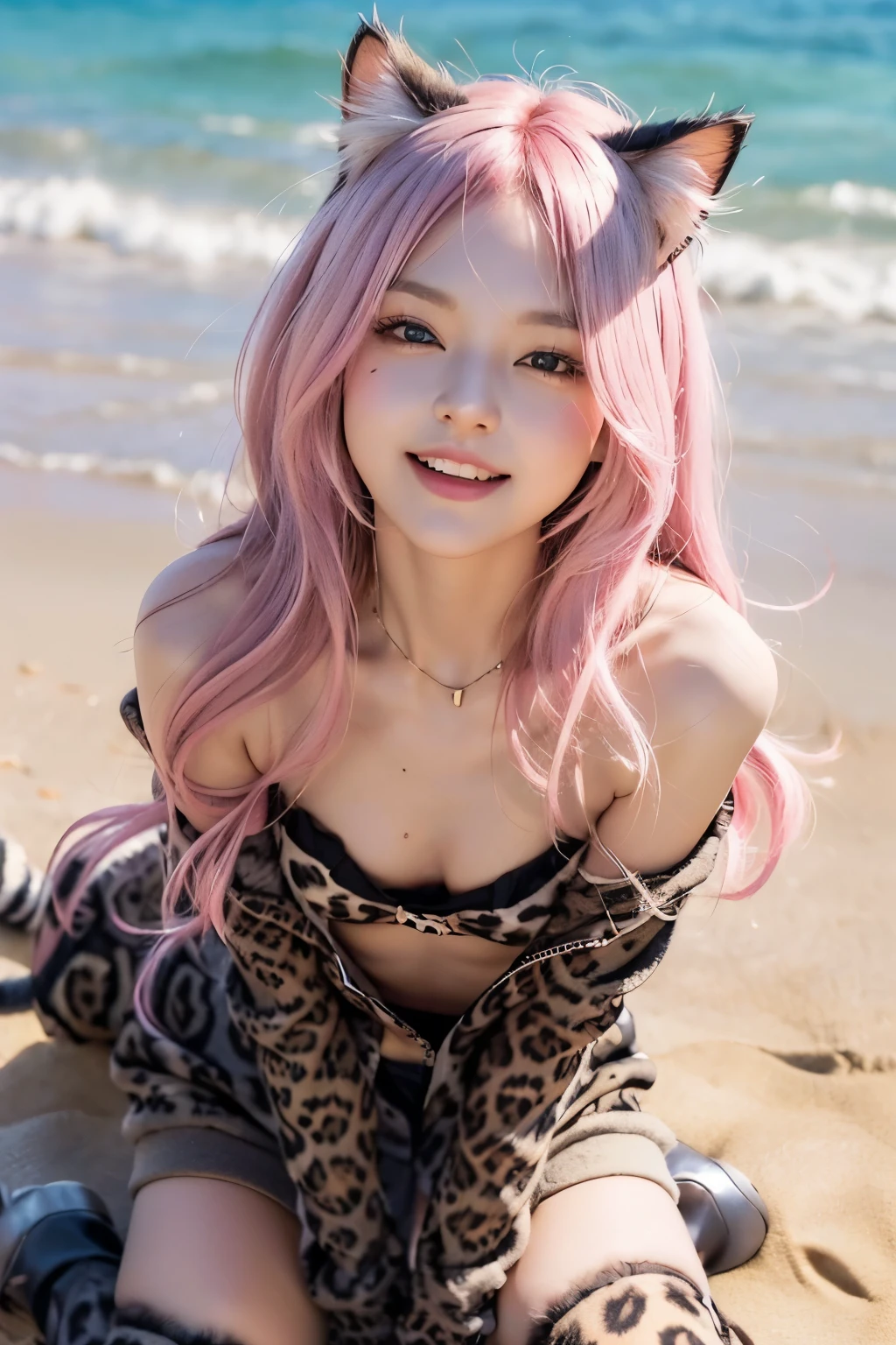 (8K, top-quality, masterpiece:1.2), (reallistic, Photorealsitic:1.37), Super Detail, One girl,), (Highly detailed), (beautifully detailed eyes), (of the highest quality), (super detailed ), (masterpiece), (Detailed face),20yr old, ,1 girl, ((pink hair,long hair)), medium breasts, clothed, Perfect Lighting, BREAK, (cat cosplay:1.5), (black, gray, leopard print:1.2), (soft, furry fabrics:1.2), (long coat:1.2), (satin, velvet camisole:1.2), (cat face sweatshirt:1.3), (high-waisted leopard skirt:1.2), (flared silhouette:1.2), (cat ear, tail, paw details:1.3), (over-the-knee socks:1.2), (platform boots:1.2), (cat accessories:1.3), BRAKE, (upper body to thighs:1.2), (long pink hair, wavy:1.2), (cheerful:1.2), (face slightly down, eyes looking up:1.2), (summer background, bright, sandy:1.2), (soft lighting, highlighting hair, fabric:1.2), BRAKE