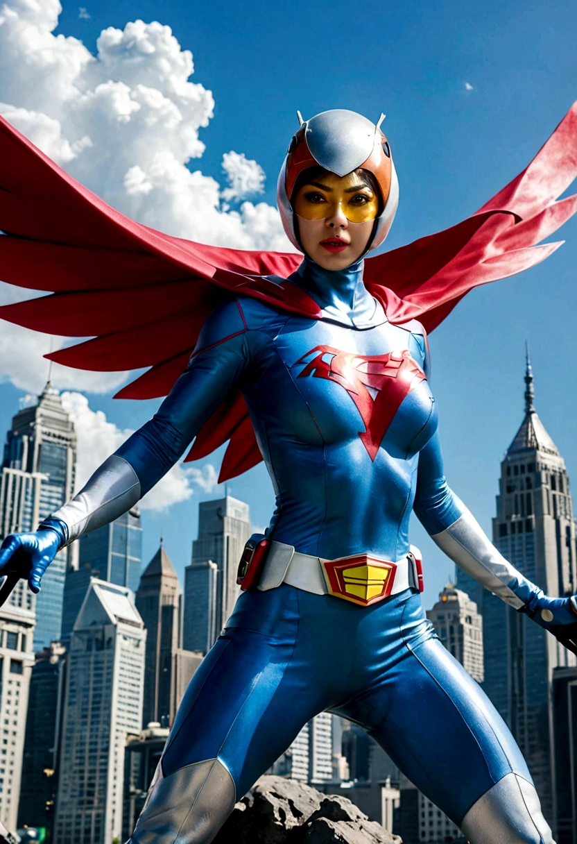 Gatchaman, (Masked superheroes), Iconic heroes, The Guardians of Earth, Science Ninja Team, (Stunning superheroes), (Vibrant colors), Space-themed costumes, Sleek gauntlets and helmets, Silver and blue agile figures, (Incredible detail), (Capital city backdrop), Defending humanity with courage, Spectacular pose, Iconic "KEN", "Joe", "Jun", "Kenichi", and "Jinpei", Patrolling the skies, Ready to battle the evil Galactor, Stunning visual treat, (Colorful animation), Formations of spark, breasts, giga_busty, Hi3JTS, full body shot from below