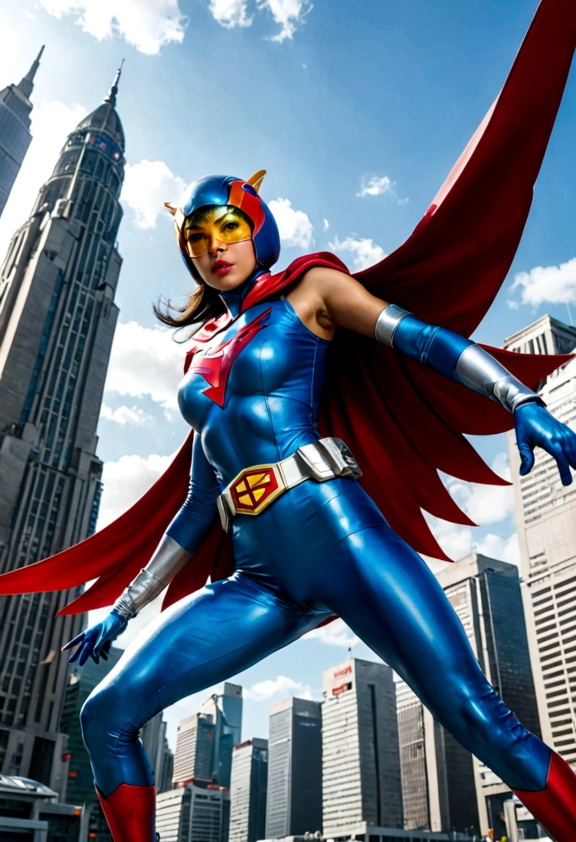 Gatchaman, (Masked superheroes), Iconic heroes, The Guardians of Earth, Science Ninja Team, (Stunning superheroes), (Vibrant colors), Space-themed costumes, Sleek gauntlets and helmets, Silver and blue agile figures, (Incredible detail), (Capital city backdrop), Defending humanity with courage, Spectacular pose, Iconic "KEN", "Joe", "Jun", "Kenichi", and "Jinpei", Patrolling the skies, Ready to battle the evil Galactor, Stunning visual treat, (Colorful animation), Formations of spark, breasts, giga_busty, Hi3JTS, full body shot from below