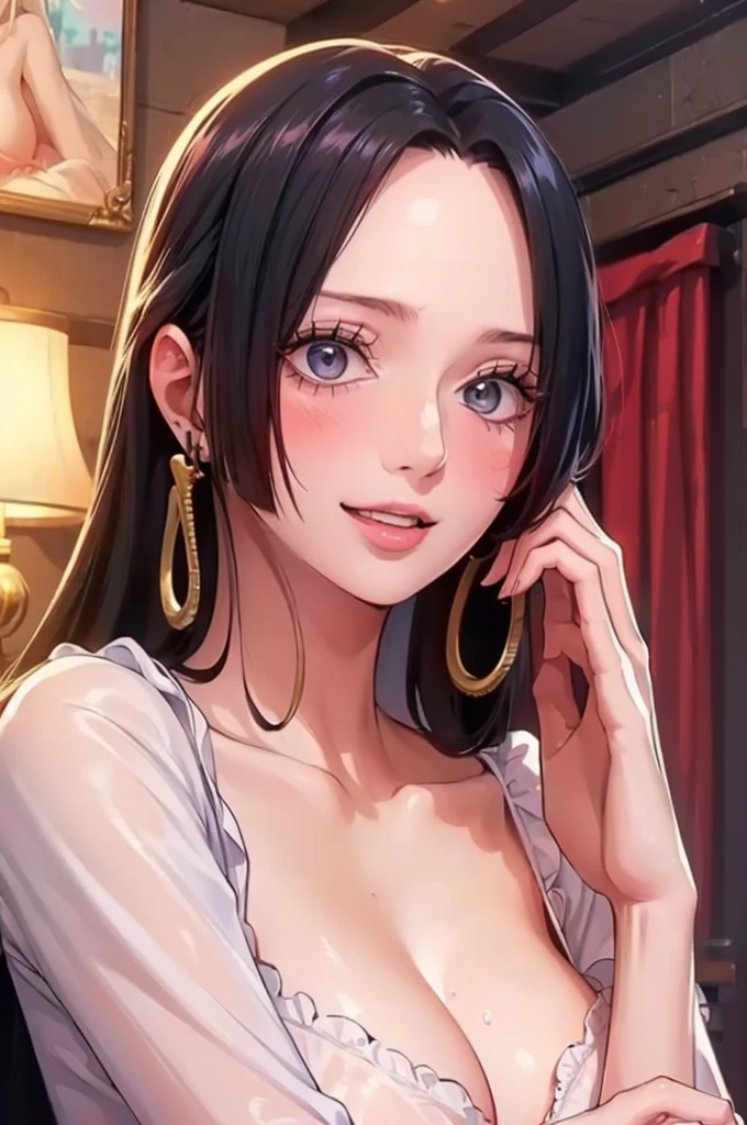 (((masterpiece))), (((best quality))), ((ultra-detailed)), (highly detailed CG illustration), Boa Hancock, , (masterpiece:1.5), Detailed Photo, Smiling, Sexy, (Best Quality: 1.4), (1girl), Beautiful Face, (Black Hair, long Hair: 1.3), Beautiful Hairstyle, beautiful detail eyes, (realistic skin), beautiful skin, absurd, attractive, ultra high resolution, high definition, (sexually aroused:1.5), Pinkish white skin, cool white light, sexy pose, Beautiful , white background, pink soft white light, Wear a white dress, (bright face:1.5), (beautiful face:1.5), (nsfw:1.3)