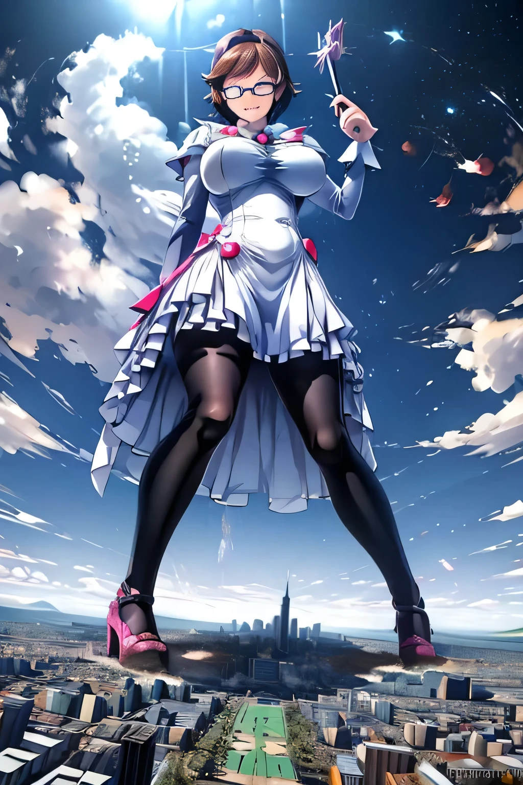 giantess art, highly detailed giantess shots, giantess, Two legs, Five fingers, short hair, A beautiful girl who is bigger than a skyscraper, Wearing rimless glasses, smile, huge breasts, blue as the base with some white magical girl dress, bow, magical girl, holding a magical wand, black pantyhose, blue stiletto heels, thunderbolt from a magical wand, Destroying cities, Under heavy attack, A very small big city, Miniature metropolis, Full body description, GTS, giga giantess, stomping city, crash city, tiny city, micro city, pantyhose feet, High resolution, highest quality, masterpiece, peeing self,