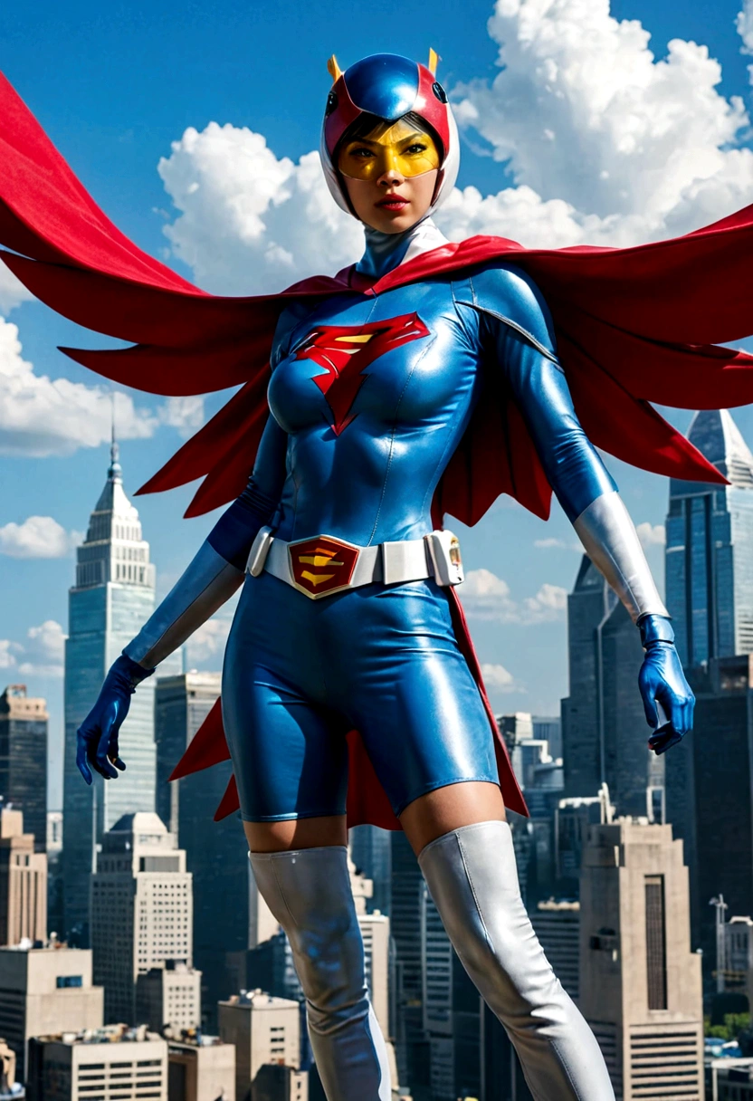 Gatchaman, (Masked superheroes), Iconic heroes, The Guardians of Earth, Science Ninja Team, (Stunning superheroes), (Vibrant colors), Space-themed costumes, Sleek gauntlets and helmets, Silver and blue agile figures, (Incredible detail), (Capital city backdrop), Defending humanity with courage, Spectacular pose, Iconic "KEN", "Joe", "Jun", "Kenichi", and "Jinpei", Patrolling the skies, Ready to battle the evil Galactor, Stunning visual treat, (Colorful animation), Formations of spark, breasts, giga_busty, Hi3JTS, full body shot from front