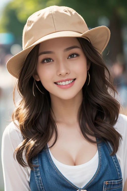 highest quality、4K、Perfect Face、Perfect Style、perfect body、Sunburn、beautiful lady、mature、long curly layer brown hair、Swept-back hair、full body, sexy 、charming、healthy、beige  baseball cap with a curved、giddy-smile、jeans、at park、green tunktop
