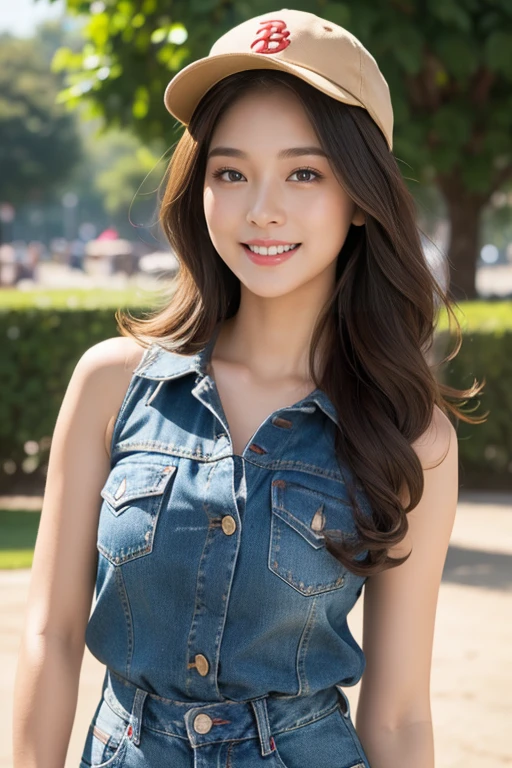 highest quality、4K、Perfect Face、Perfect Style、perfect body、Sunburn、beautiful lady、mature、long curly layer brown hair、Swept-back hair、full body, sexy 、charming、healthy、beige  baseball cap with a curved、giddy-smile、jeans、at park、green tunktop