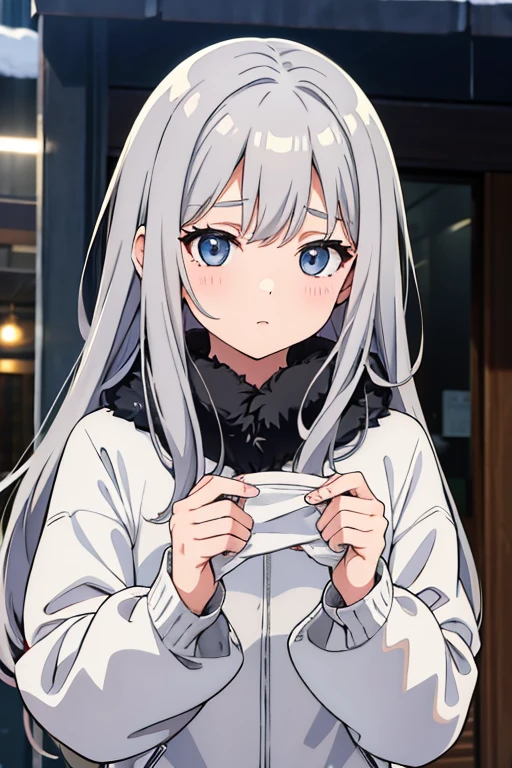 winter Girl Exposing Pussy Outside、Upper body naked、Gray Hair、long hair