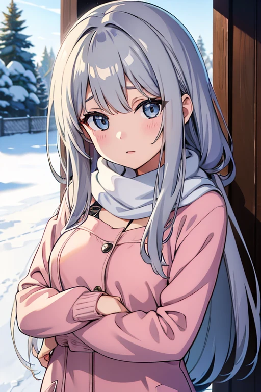 winter　Girl Exposing Pussy Outside、Upper body naked、Gray Hair、long hair